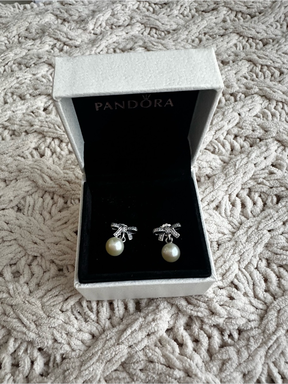 Pandora Silver Bow Pearl Drop Earrings - Cream Pearls